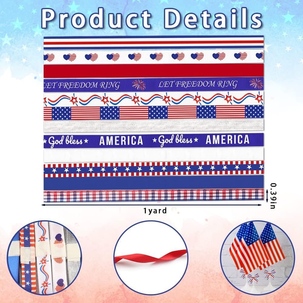 12 PCS 4th of July Patriotic Ribbons for Crafting, 3/8" Width Grosgrain Ribbons American Flags Ribbon Memorial Day Decorations Craft Ribbons for Gift Wrapping Supplies