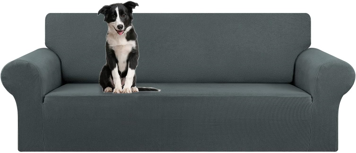 KEKUOU Stretch Oversized Sofa Slipcover 1 Piece Couch Sofa Cover (94"-110") Furniture Protector 4 Seater Sofa with Elastic Bottom for Kids,Pet.Jacquard Checked Pattern Fabric(X Large,Grey)