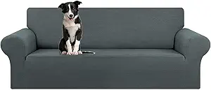 KEKUOU Stretch Oversized Sofa Slipcover 1 Piece Couch Sofa Cover (94"-110") Furniture Protector 4 Seater Sofa with Elastic Bottom for Kids,Pet.Jacquard Checked Pattern Fabric(X Large,Grey)