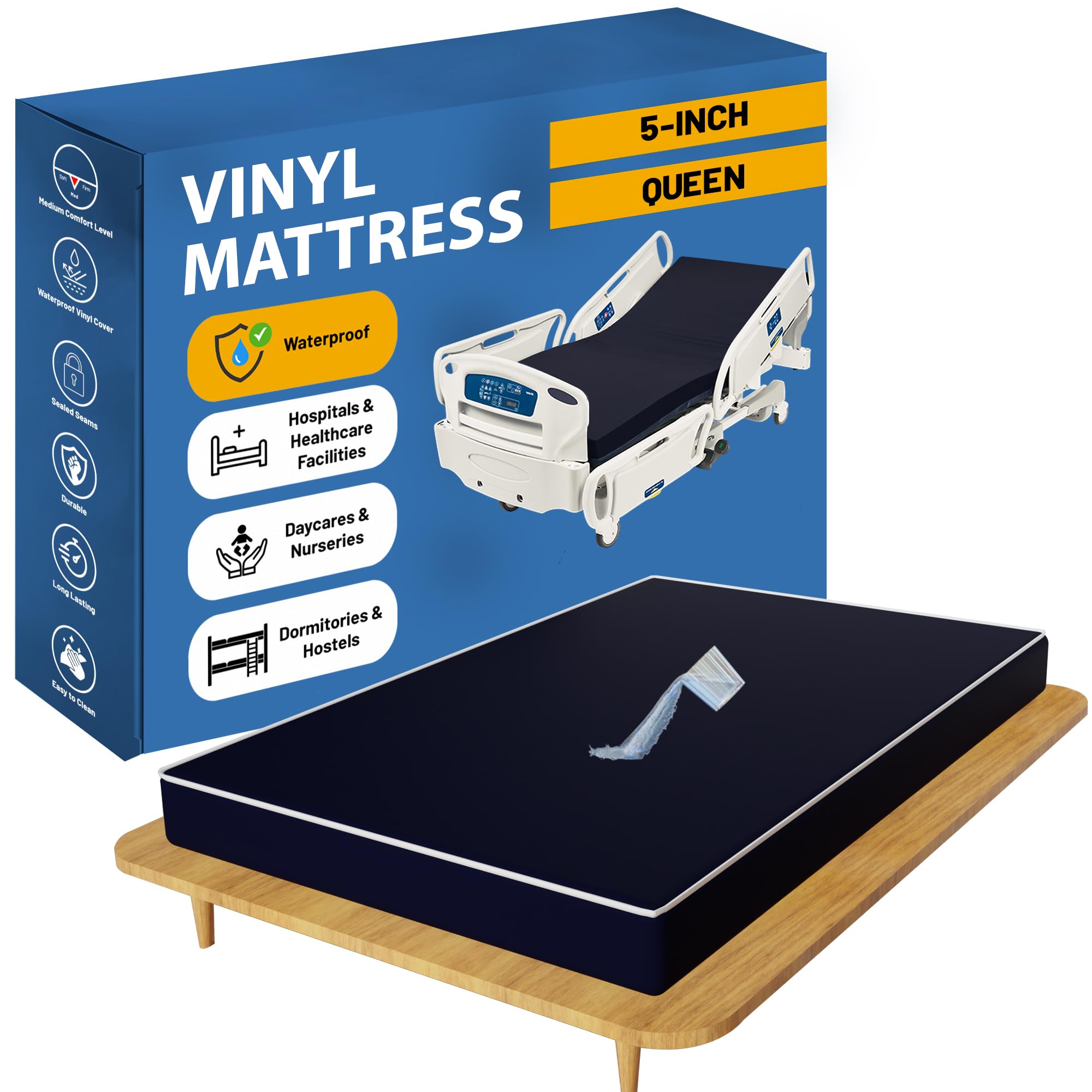 Greaton, 7-Inch Medium Firm Water Resistance Nylon Vinyl Foam Mattress, Noiseless, Soft Cloud Feeling, Body Heat Reflection, Good for Hospital and