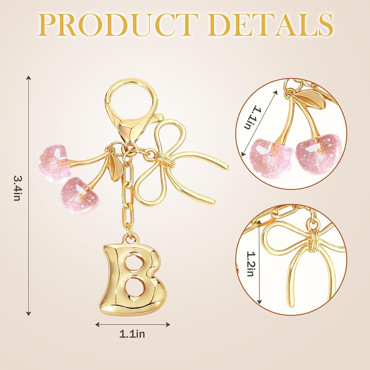Snycler Bubble Initial Keychain with Bow & Cherry - Gold Letter Bag Charms for Women, Cute Purse Handbag Accessories - Image 2