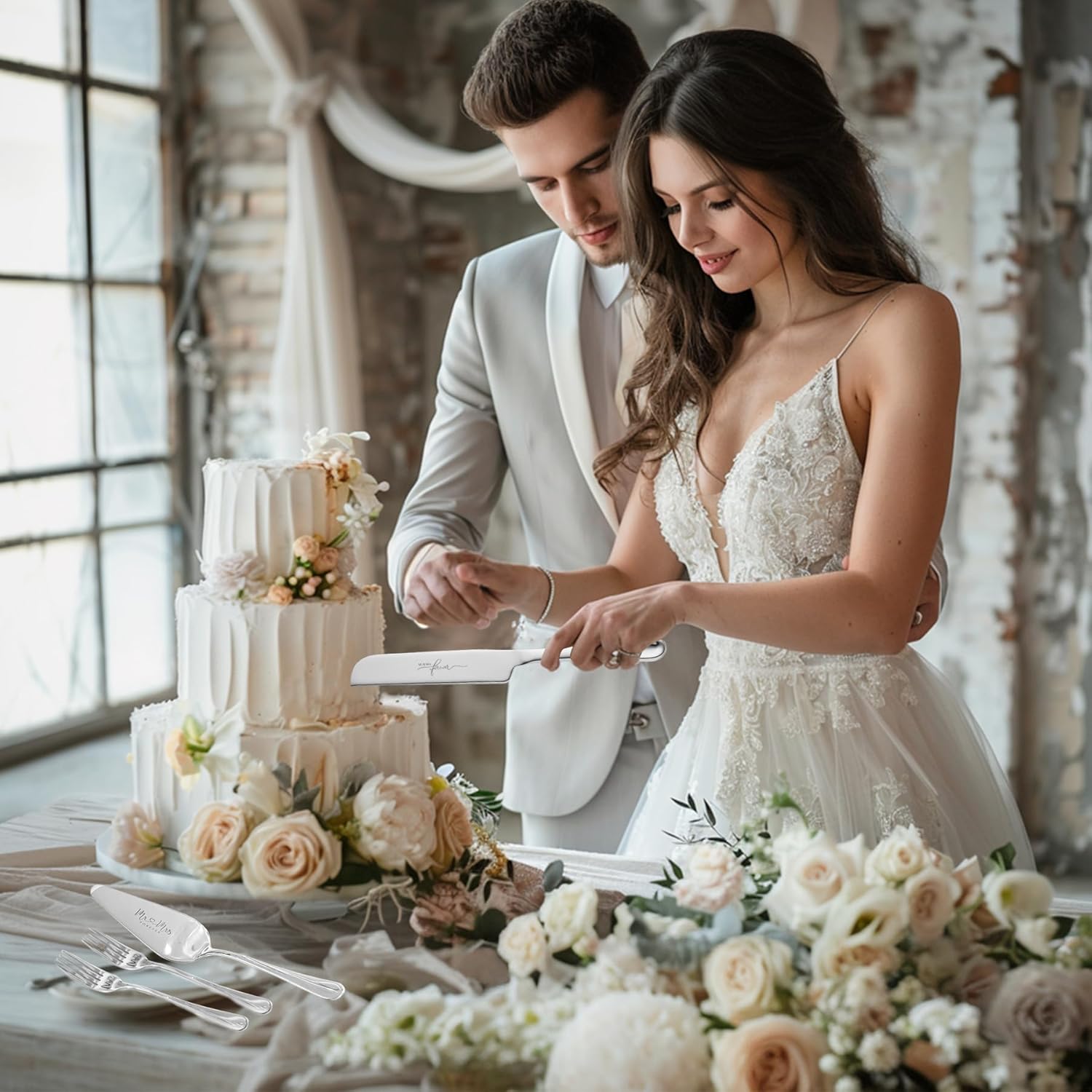 Wedding Cake Knife and Server Set, Mr and Mrs Champagne Flutes and Cake Cutting Set for Bridal Shower Gifts Wedding Glasses for Bride and Groom - Image 4