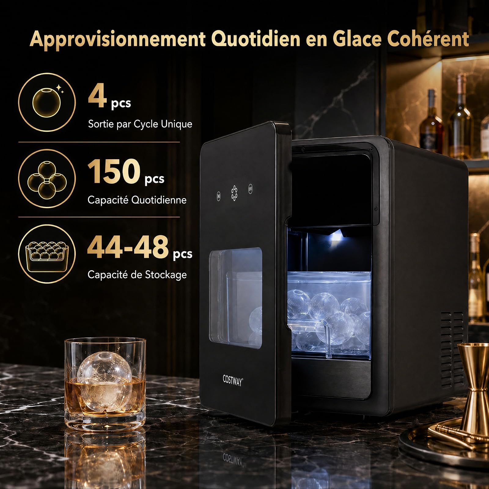 COSTWAY Machine à Glaçons Comptoir, Sphères de Glaçons 4 PCS en 38-39 Min