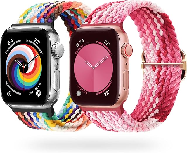 Stretchy Braided Straps Compatible with Apple Watch Strap 40mm 42mm 38mm 44mm 45mm 41mm for Women men, Adjustable Sport Nylon Straps Replacement for Apple Watch SE iWatch Series 8/7/6/5/4/3/2, 2 packs