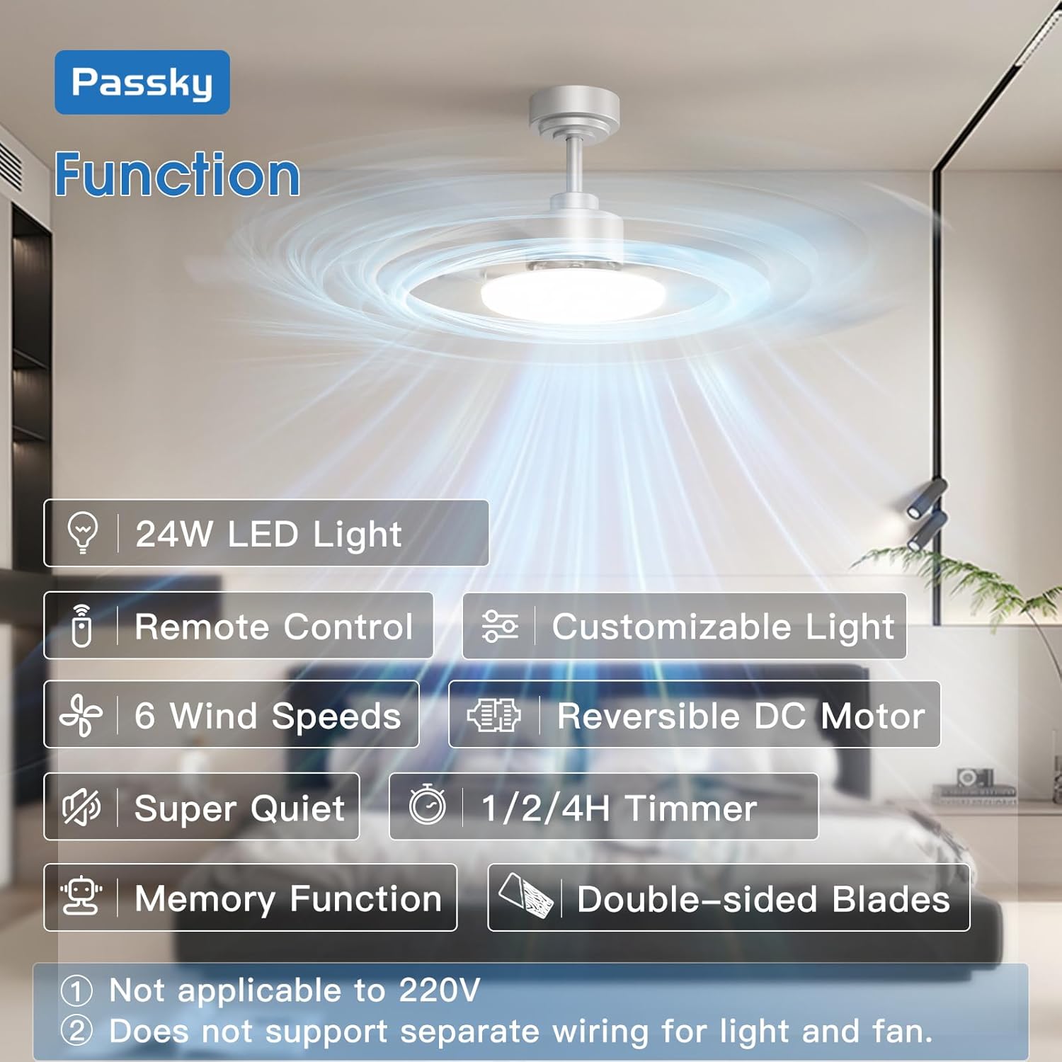 Passky Ceiling Fans with Lights, 52 inch Sleek Ceiling Fan with Light and Remote Control, 3CCT, Dimmable, Reversible, Noiseless, Silver Ceiling Fan for Bedroom, Living Room - Image 2