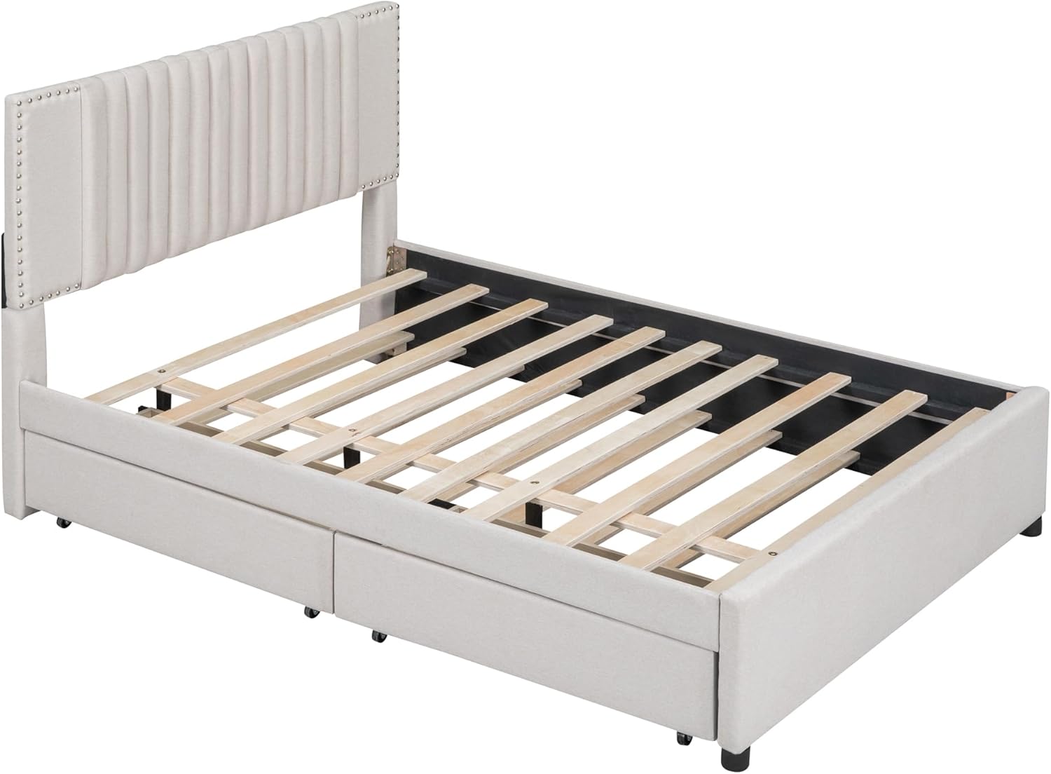 MERITLINE Wood Full Size Bed Frame with Trundle and Storage Drawers, Upholstered Platform Bed with Headboard and Slats Support for Kids Teens Adults, No Box Spring Needed, Space Saving, Beige
