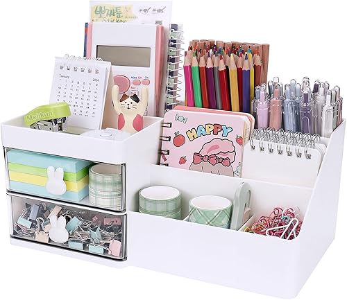 Organizador de escritorio, organizador de maquillaje con 2 cajones, 7 compartimentos y una bandeja superior, organizadores de escritorio y