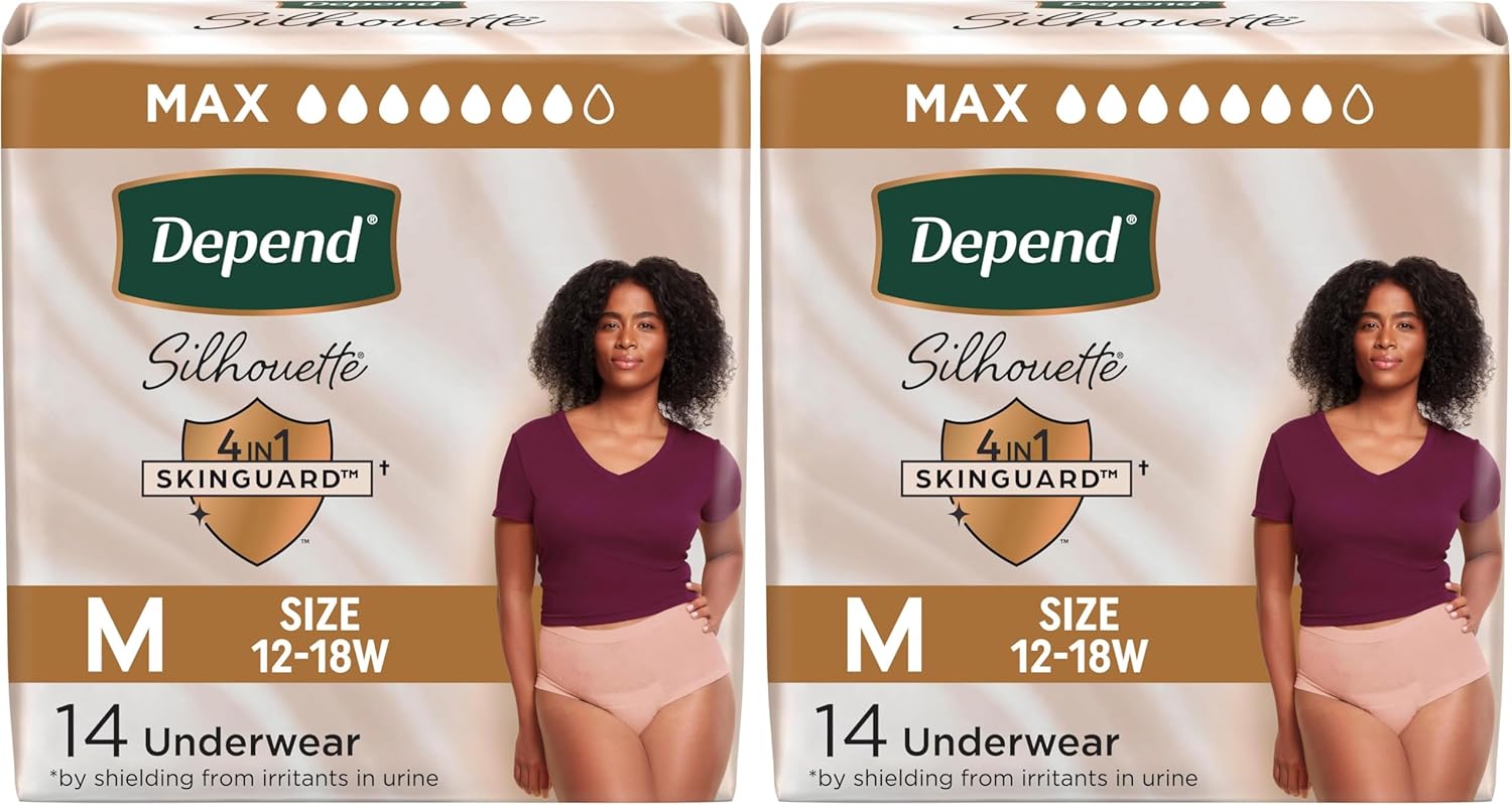 Depend Silhouette Adult Diapers, Incontinence & Postpartum Bladder Leak Underwear for Women, Maximum Absorbency, Medium, Pink, 14 Count, Packaging May Vary (Pack of 2)