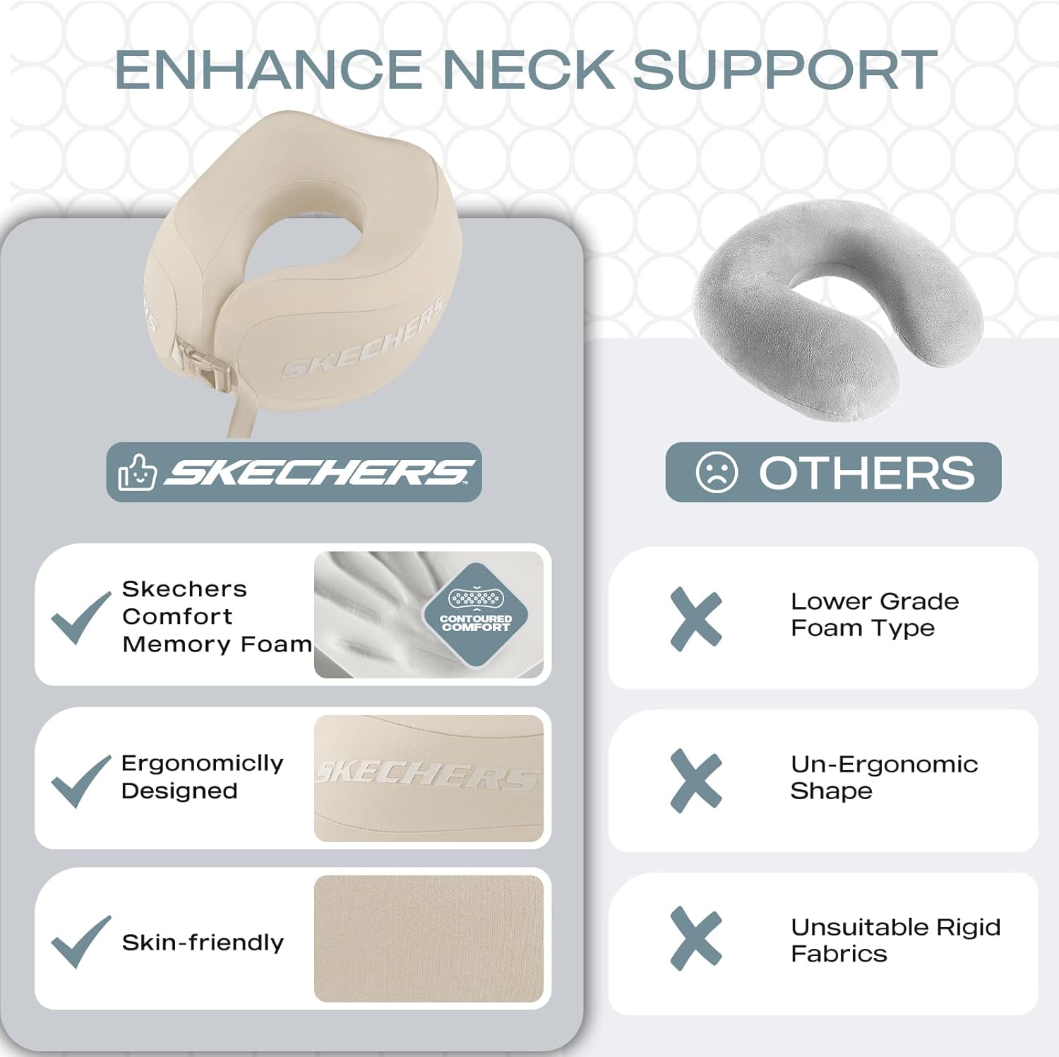 Skechers Neck Pillow for Traveling,Memory Foam Travel Neck Pillow for Airplane Travel Pillow for Flight Headrest Sleep, Portable Plane Accessories,Beige