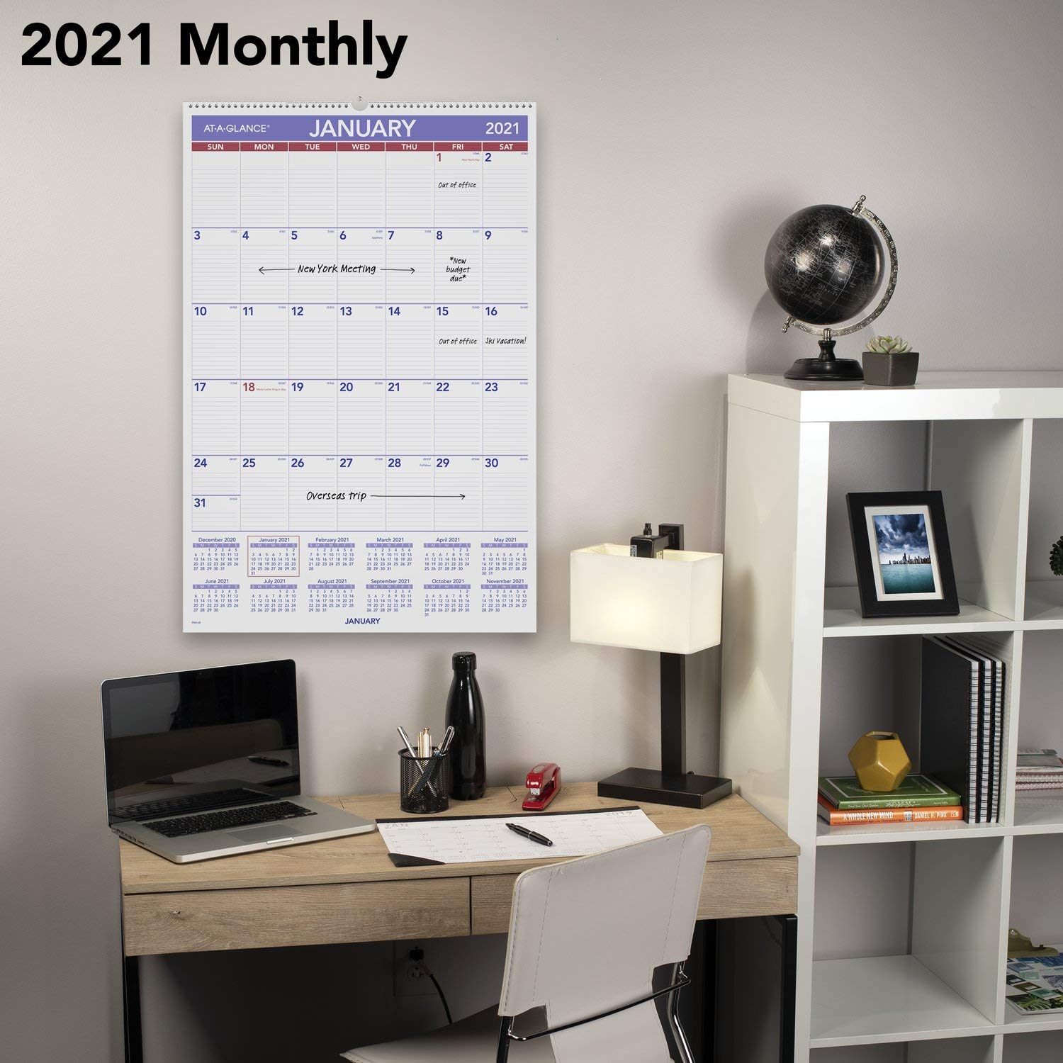AT-A-GLANCE, Wandkalender 2021, 50,8 x 76,2 cm, extra groß, monatlich, Spiralbindung (PM42821), Weiß