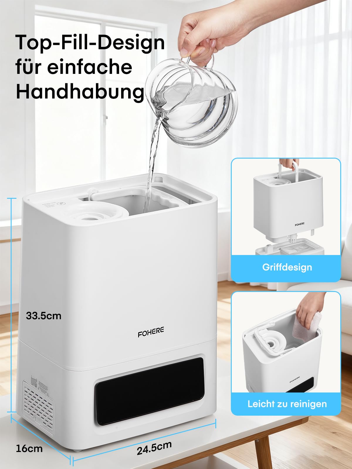 FOHERE 6L Luftbefeuchter, 60H Kaltnebel, 28dB leise, 16H Timer, Aromadiffusor, Weiß