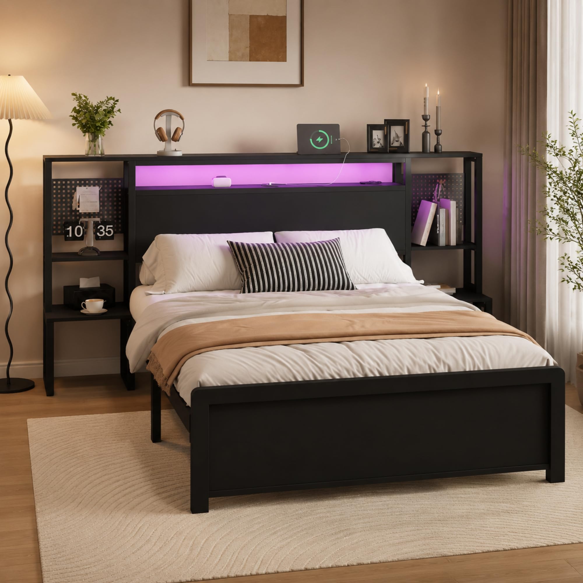 ModernLuxe 4FT6 Double Bed Frame with LED Light Strip and Charging Port: 2 Type-A and 1 Type-C, One-piece Bedside Table, Multifunctional Metal Bed for Adults and Teenagers, Black, 135x190cm