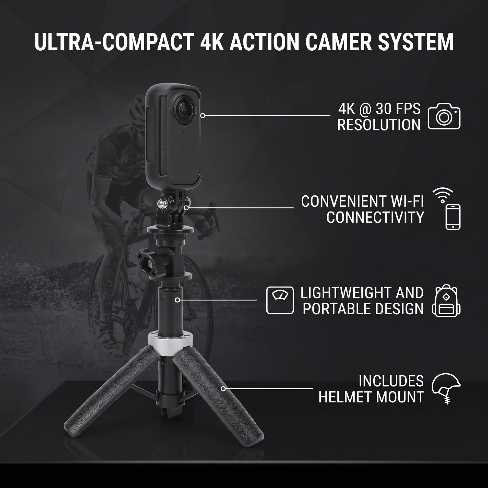 Telecamera Sportiva 4K, Registratore POV DV da Casco, 4K, for | Video in 4K, Obiettivo Grandangolare 142°, Wireless, Custodia e Supporto Casco