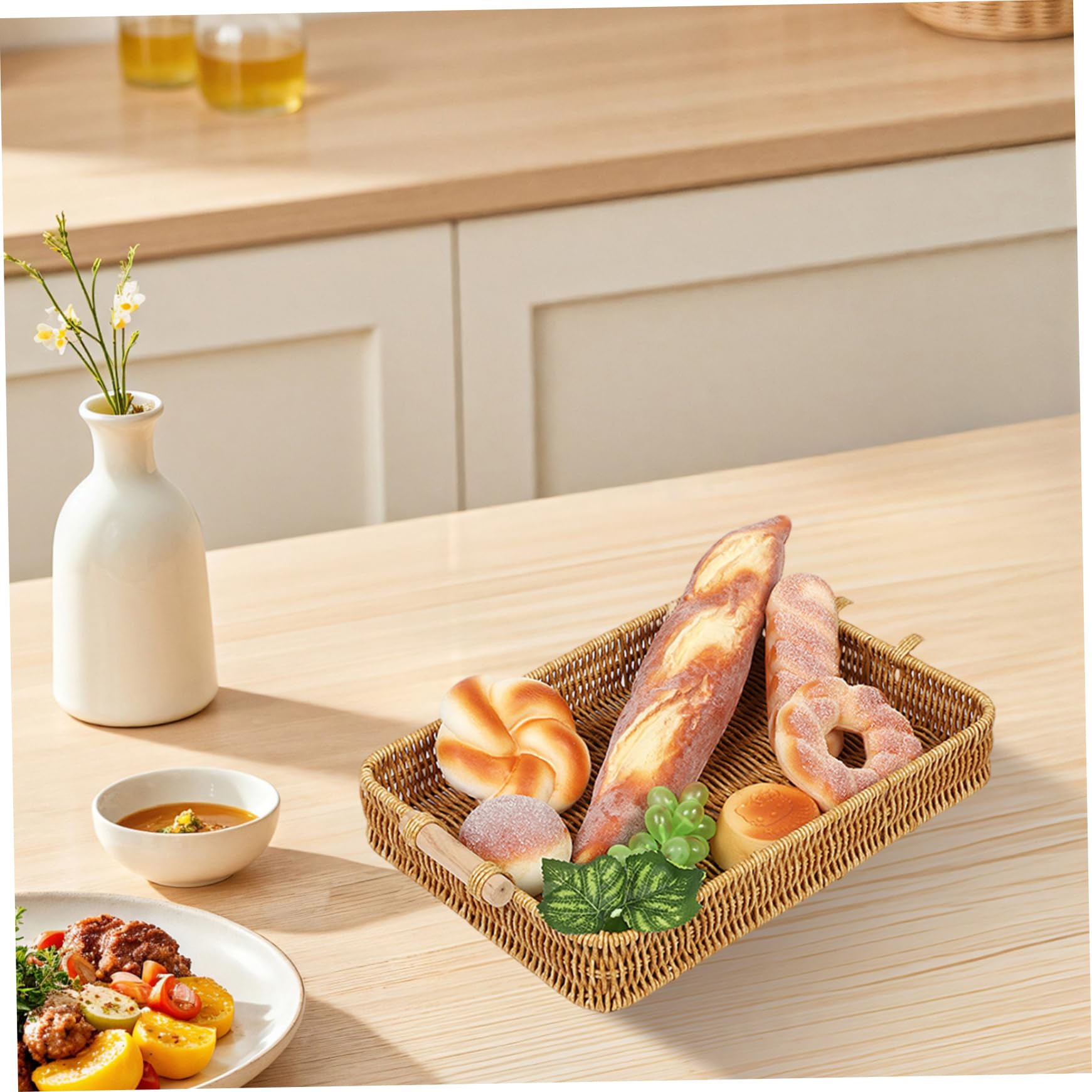 2 bandejas de Mimbre rectangulares con asa de plástico para Mesa de Comedor Mesa de Centro Pan Fruta y Aperitivos.