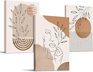 SERIMINO Boho Framed Wall Art Set of 3, Minimalist Wall Decor Living Room, Geometric Line Leaf Sun Moon Canvas Artwork Paintings for Bathroom, Home Decor Print, 12"x16"