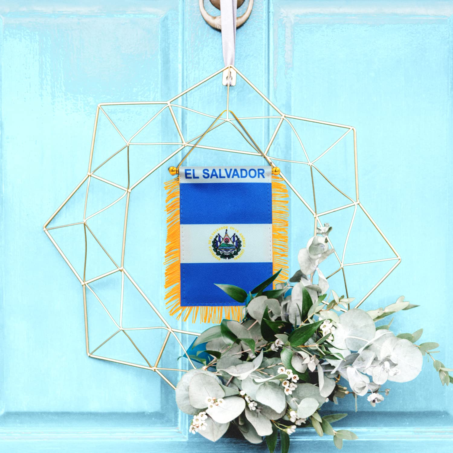 Mini Bandiera El Salvador Con Ventosa, 10x15 Cm, Con Frange, Per Finestra O Specchietto Auto, Raso Resistente Ai Raggi UV