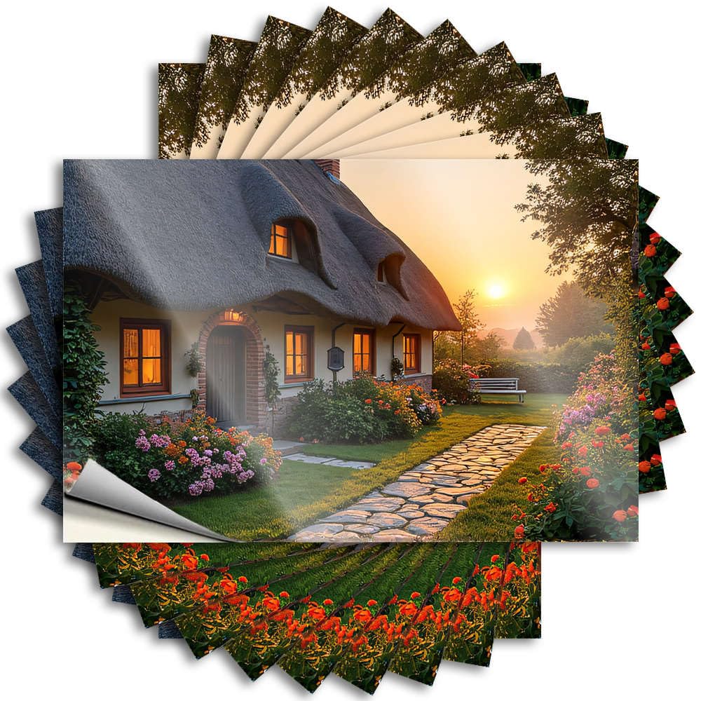 Bumper Lover Vinyl Decals, New Waterproof Hard Stickers for Water Bottle | A Cozy Cottage with A Thatched Roof, Surrounded By Vibrant Flowers and Bathed Perfect for Sand Laptop(8X12CM)