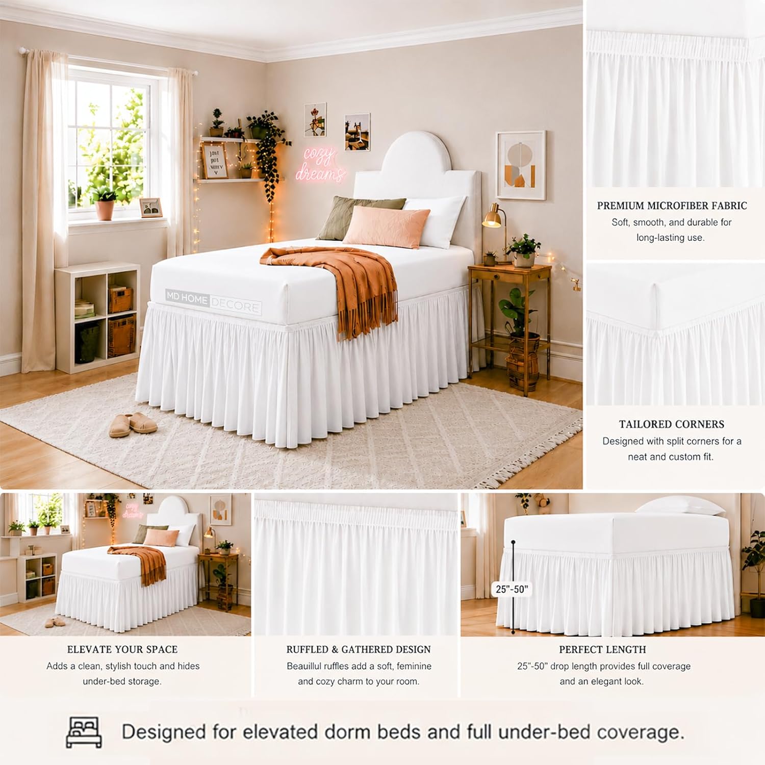 Dorm Room Dust Ruffled Bed Skirt, 100% Microfiber Bed Skirt, Extra Long Dorm Room Bed Skirt, College Dorm Bed Skirt 30 inch Drop (Twin-XL, White Solid)