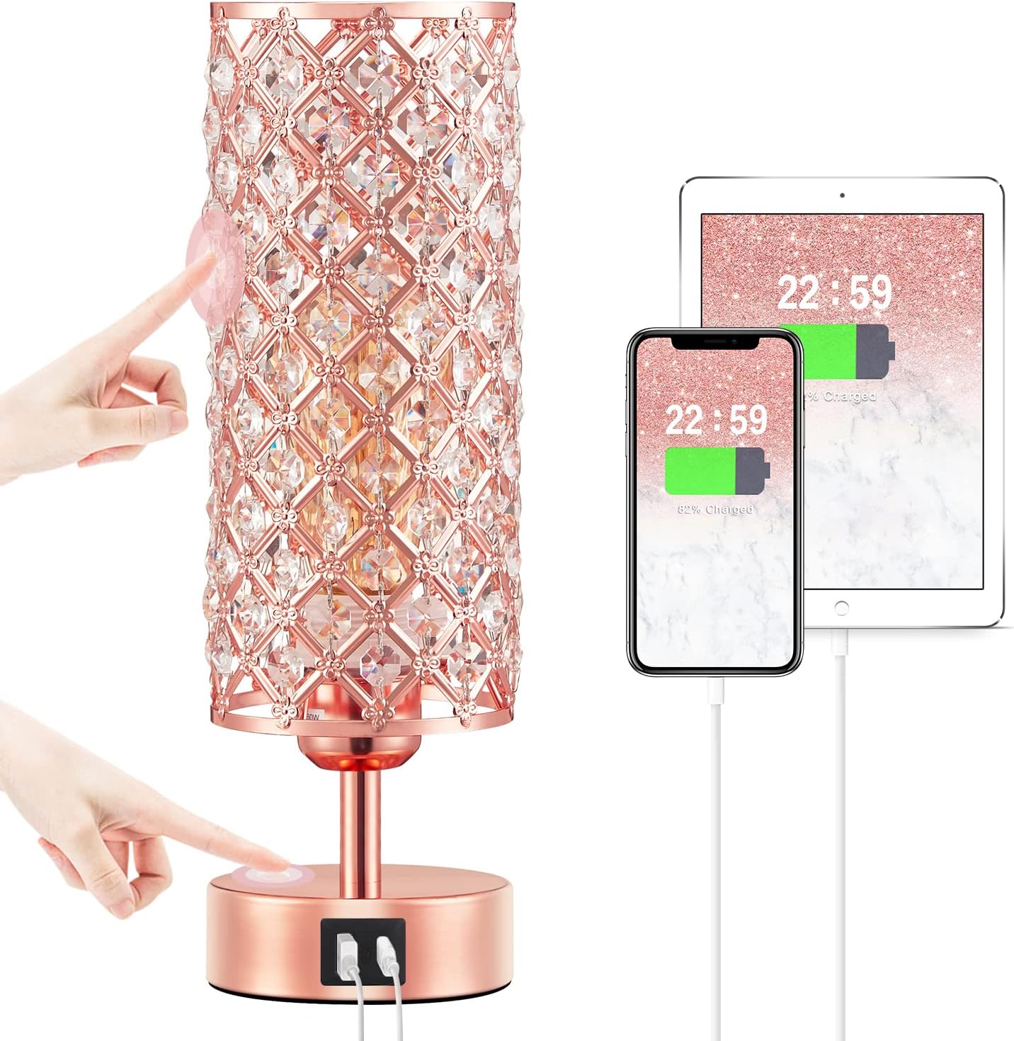 Hong-in Touch USB Table Lamp, Rose Gold Lamp 3 Way Dimmable with Crystal Lampshade, Bedside Lamp with Dual USB Ports, Small Touch Light for Living Room Bedroom Home, Charge Phone (Bulb Included)