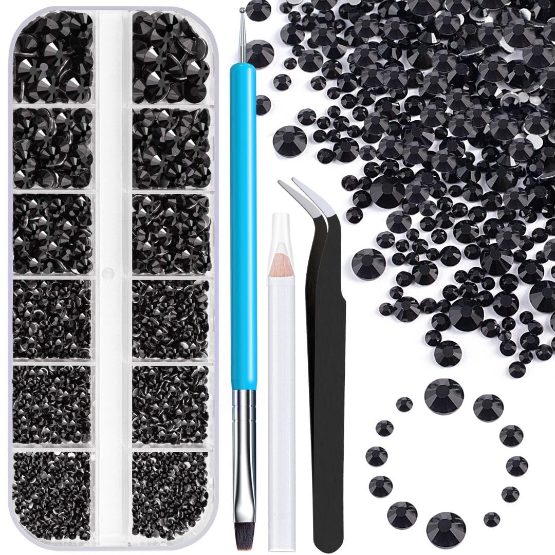 Rhinestones for Nails, Manicure Gem, 2-6mm Flat Back Glass Black Gemstones, Round Beads Crystal Gems for Professional Salon and DIY Nail Art Decor with Pickup & Dotting Tools
