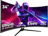 Gawfolk 34 Pouces PC Écran Ultra Large 1500R incurvé 144Hz Gaming Computer Moniteur,21:9 UWQHD(3440x1440),Adaptive Sync，HDR，178 ° Angle Vue，DisplayPort、HDMI，VESA 75 * 75MM -Noir - 1