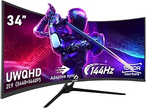 Gawfolk 34 Pouces PC Écran Ultra Large 1500R incurvé 144Hz Gaming Computer Moniteur,21:9 UWQHD(3440×1440),Adaptive Sync，HDR，178 ° Angle Vue，DisplayPort、HDMI，VESA 75 * 75MM -Noir