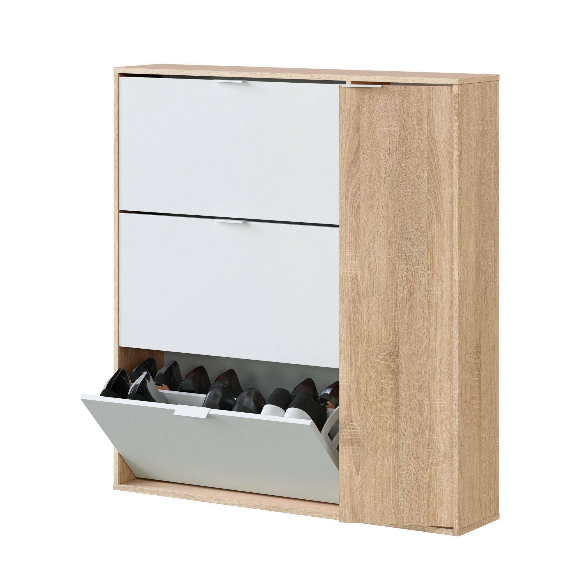 Dmora - Étagère à chaussures Provo, armoire à chaussures 4 portes, armoire basse polyvalente avec 5 étagères, étagère à chaussures moderne, 106x22h115 cm, chêne et blanc