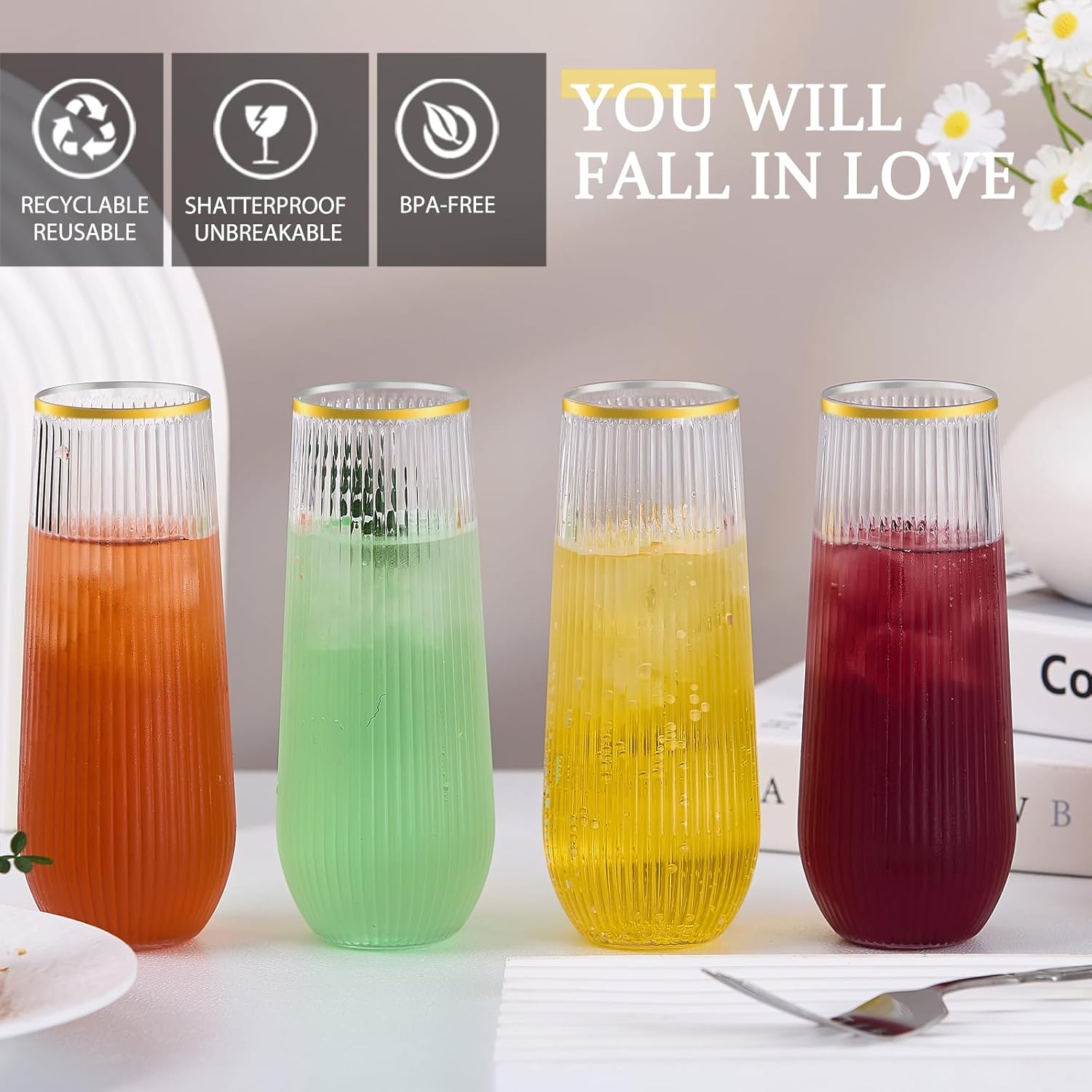 48 Pack Stemless Plastic Champagne Flutes Disposable 9 Oz Clear Plastic stripe Champagne Glasses Mimosa Glasses with Gold Rim Unbreakable for Party Wedding Birthday (Heavy Duty) - Image 9