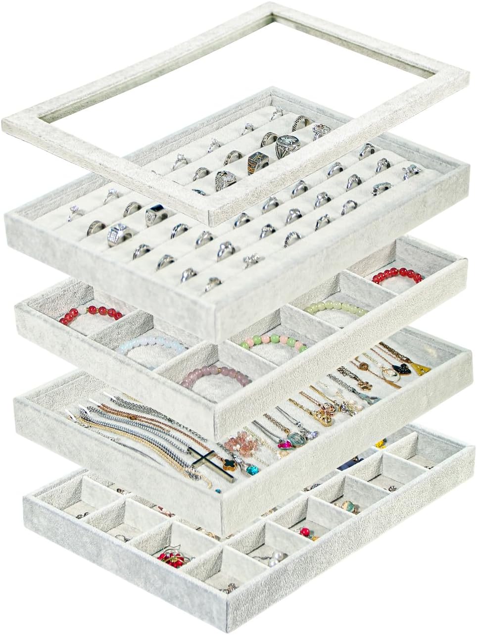 Justsoso 4pcs/Set Stackable Grey Beige Velvet Jewelry Tray