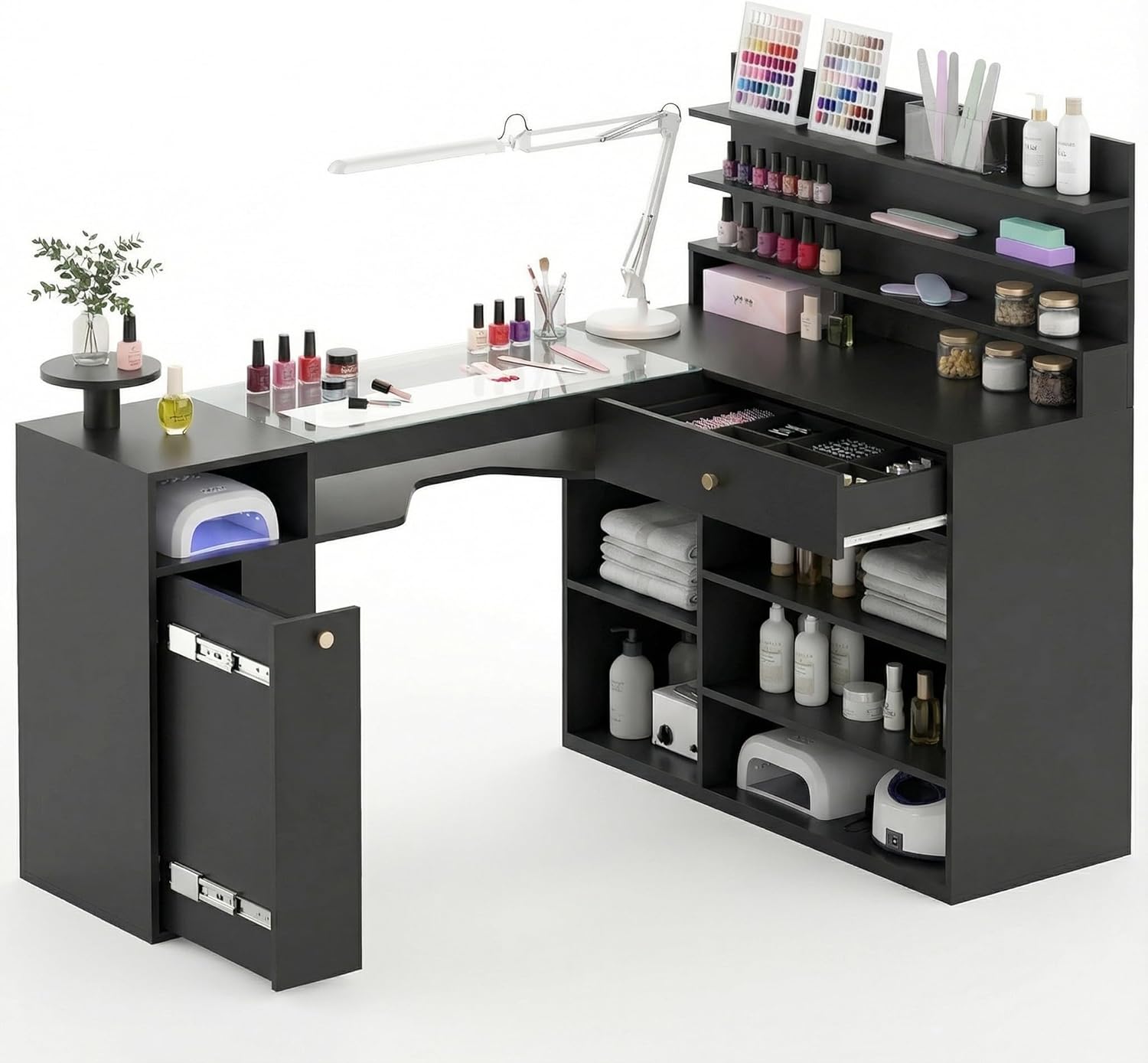 Nail Desk for Nail Tech 60 inch L-Shaped Manicure Table Nail Station with Glass Table Top Black Nails Table with Shelves Drawer Storage Space.