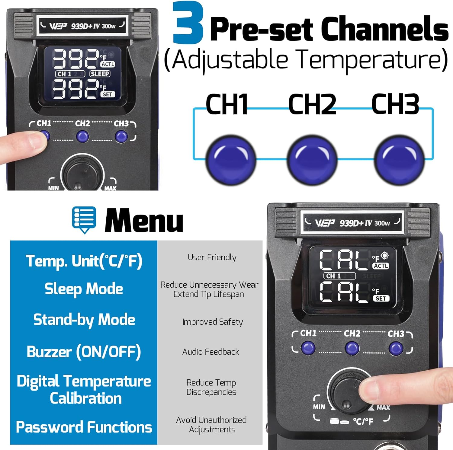 WEP 939D+IV 300W Heavy Duty Soldering Iron for Stained Glass, Larger Electronic Projects, PID Temp. Controlled LED Solder Station with 3 Quick Change Tips, Detachable Handpiece, 3 Pre-set Channels