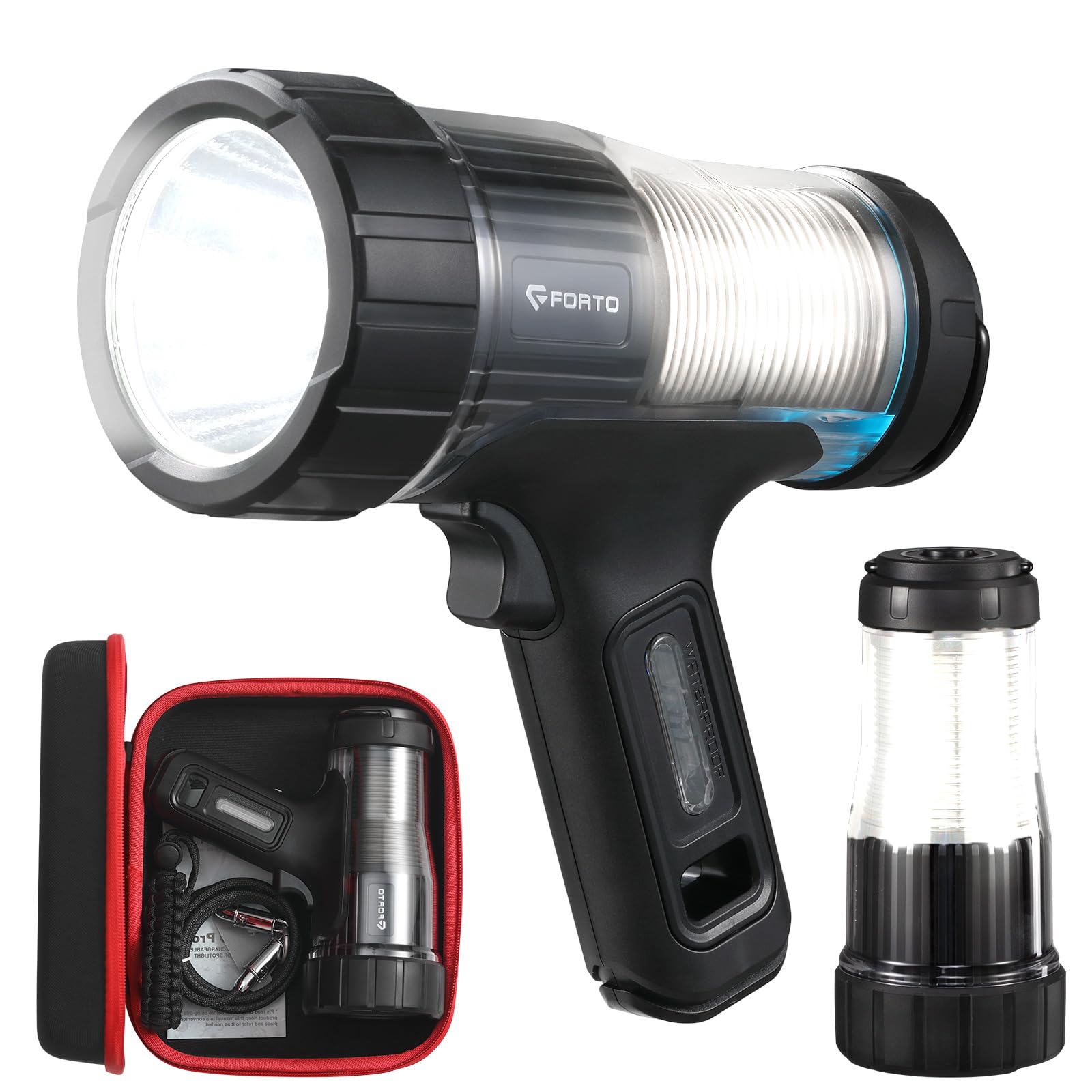FORTO Wiederaufladbarer Strahler, 550 m Leuchtweite, 5000 Lumen und IPX8 wasserdicht, 12,2 m Tiefe, warme Campinglaterne, perfekt für Spaziergänge mit dem Hund, Camping, Abenteuer, Heim-Backup