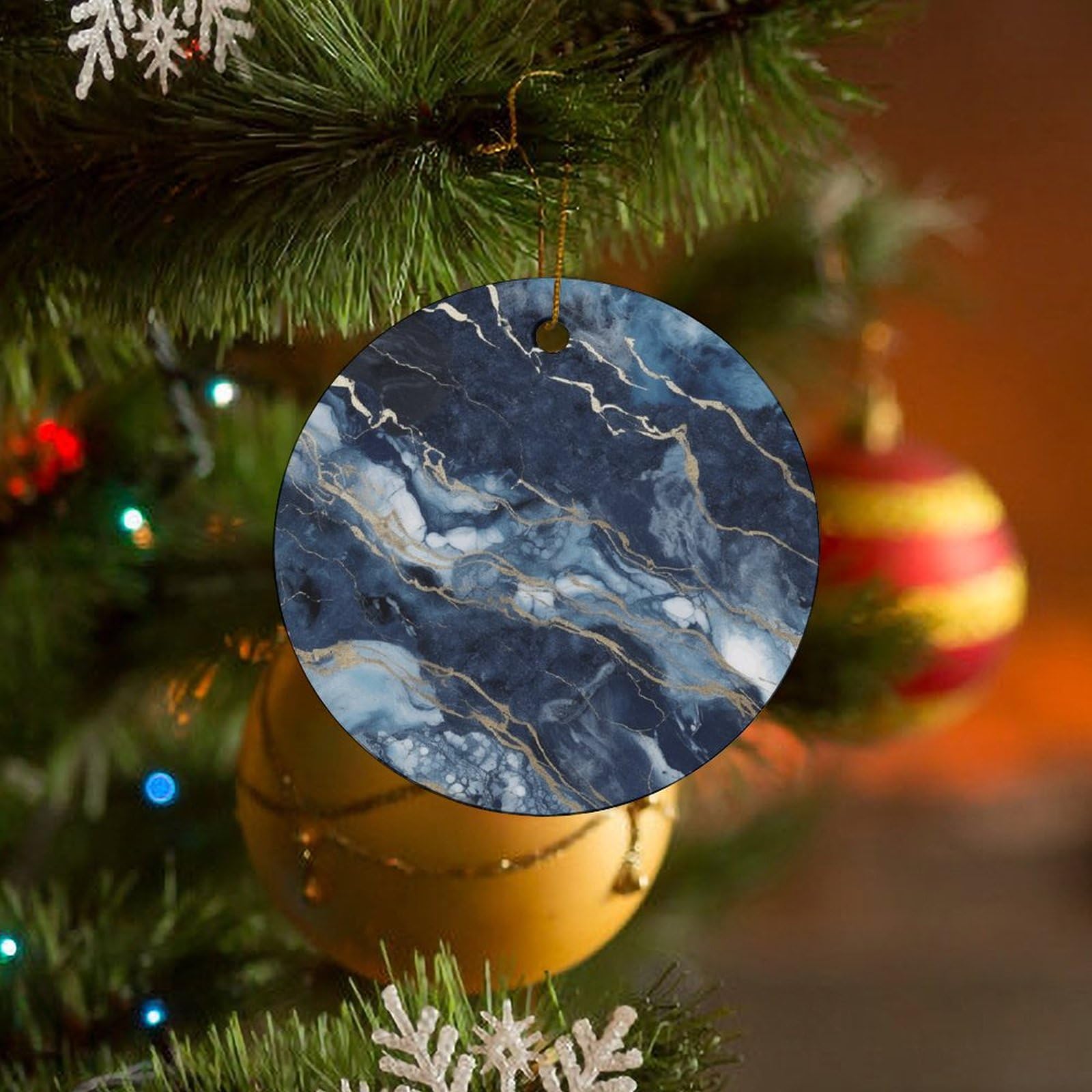 Pendentif pour sapin de Noël en céramique marbre et bleu marine Chic Lot de 4
