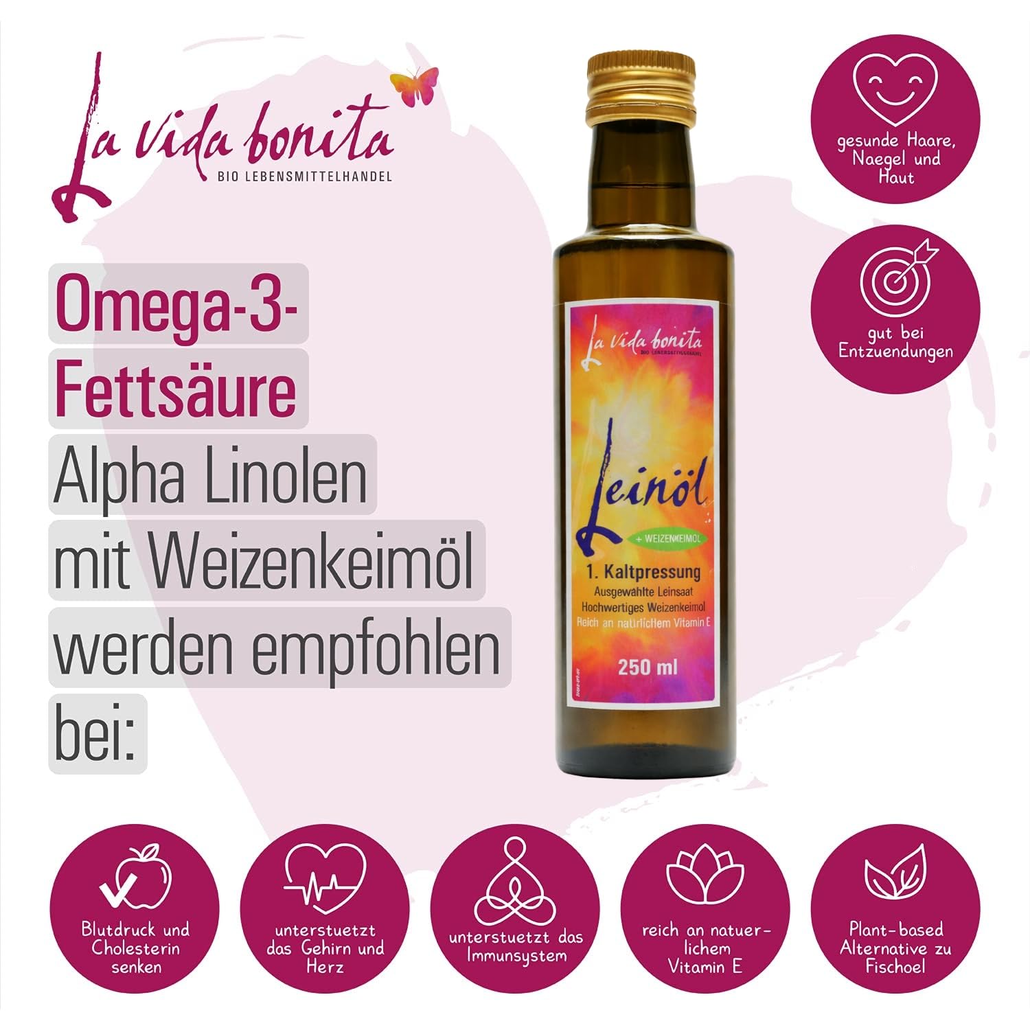 Leinöl mit Weizenkeimöl | DOPPEL-Pack 2x 750 ml | 100% frisch aus 1. Kaltpressung in Deutschland I Reich an Omega-3-Fettsäuren | vegan, Rohkost, laktosefrei & glutenfrei