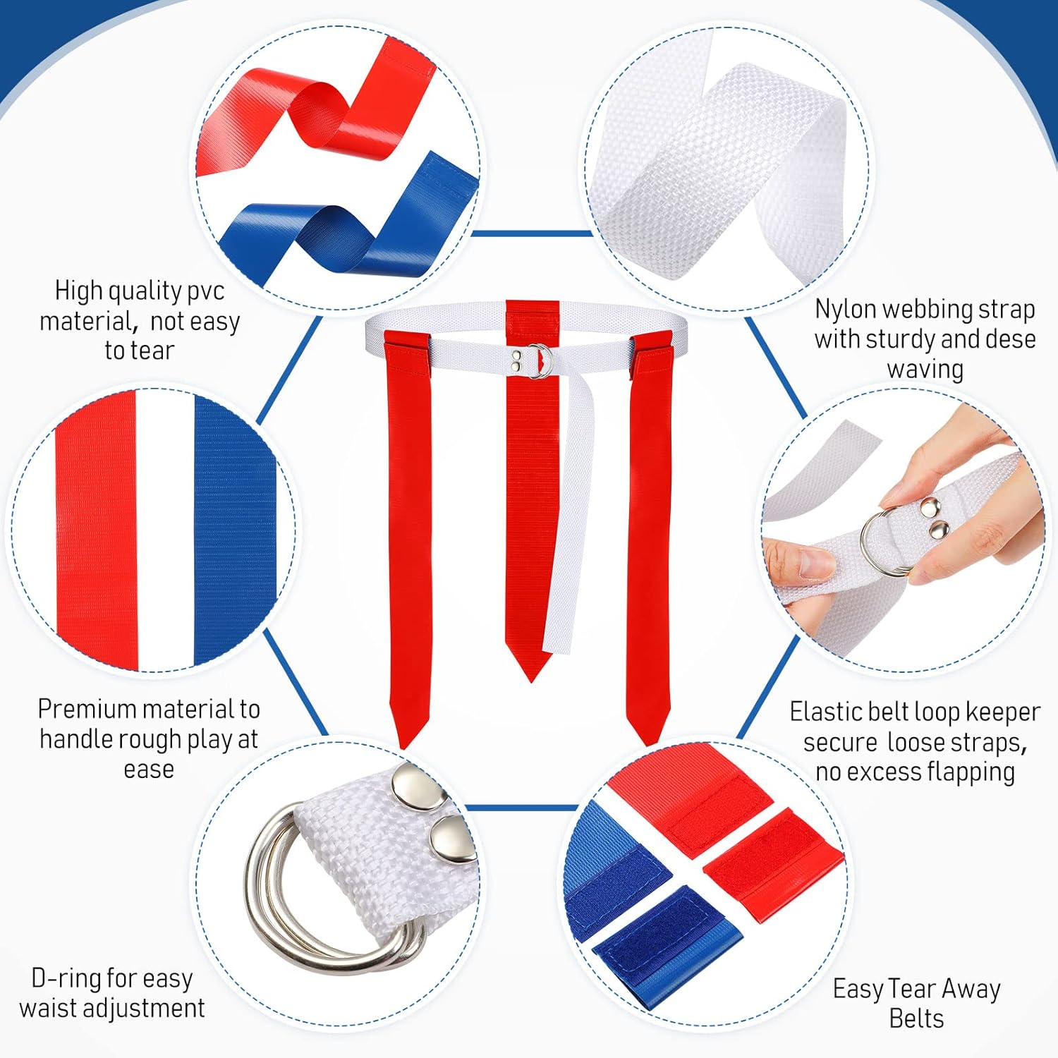 Macarrie 24 Player Adjustable Flag Football Belts Flag Football Set Football Training Equipment for Youth with 3 Flags Per Belt for Kids Adults Players, 36 Red and 36 Blue Flags
