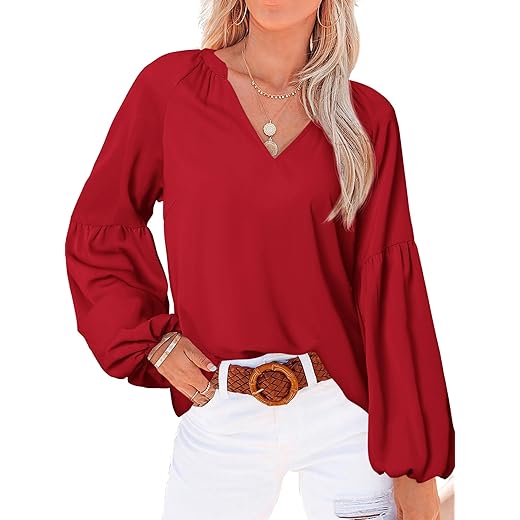 BTFBM Women Casual Boho Floral Blouse Shirts V Neck Long Puff Sleeve Lightweight Chiffon 2023 Fashion Summer Fall Tops(Solid Red, X-Large)
