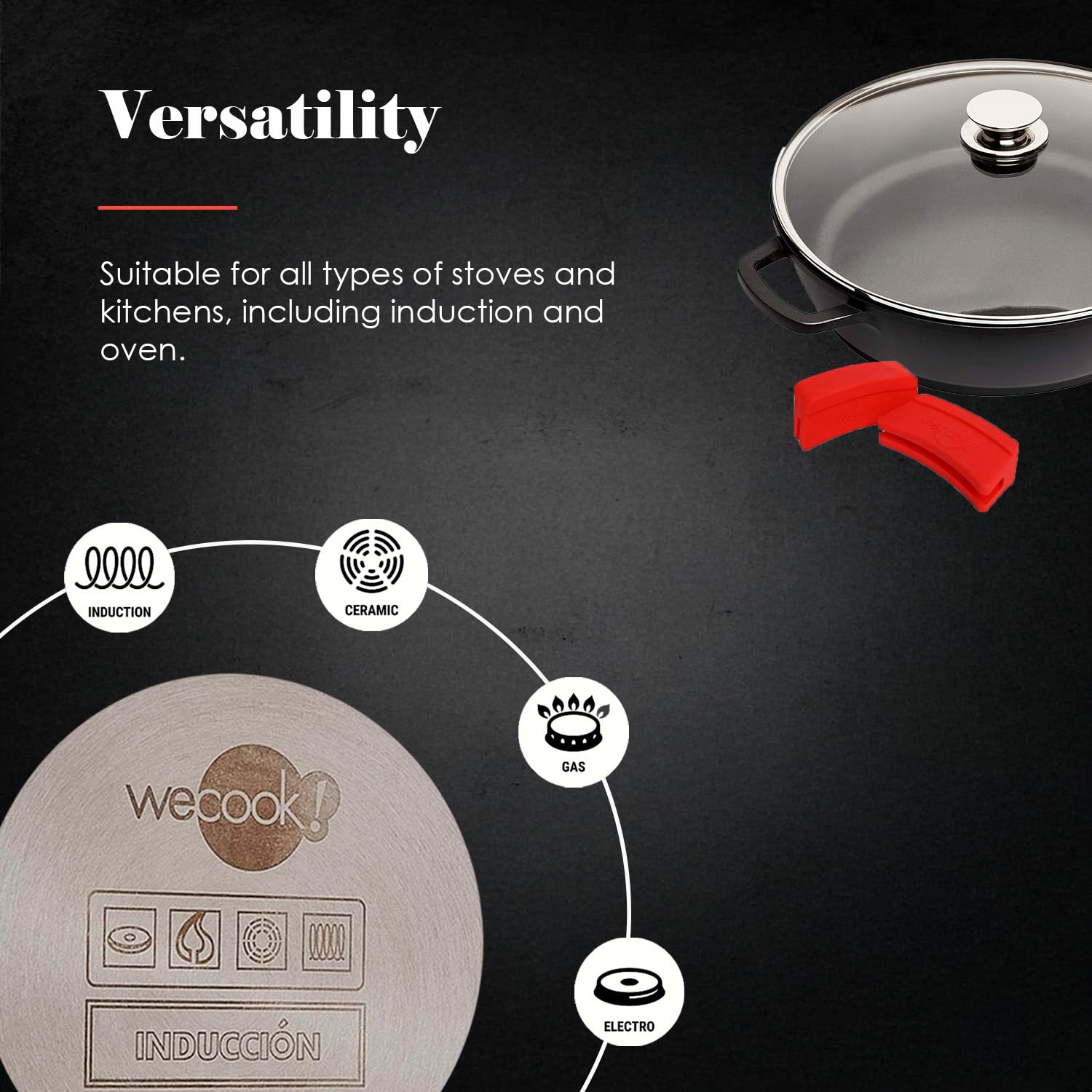 WECOOK! Ecostone Cazuela Baja Inducción con Tapa de Cristal 32cm, Antiadherente XTRA DUPON Ecológico sin PFOA, Aluminio Fundido, 5mm Espesor, 7,5cm Alto, Asas Silicona, Vitrocerámica, Gas Negro