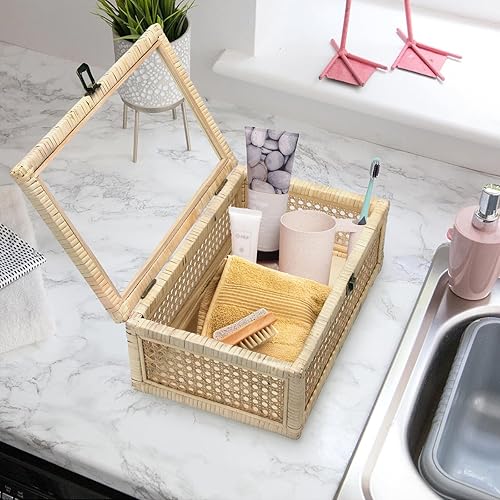 Vista 6 de Cajas de exhibición de ratán bohemio con tapas de cristal, juego de 3 tamaños, bastón tejido a mano natural para decoración del hogar, cubos