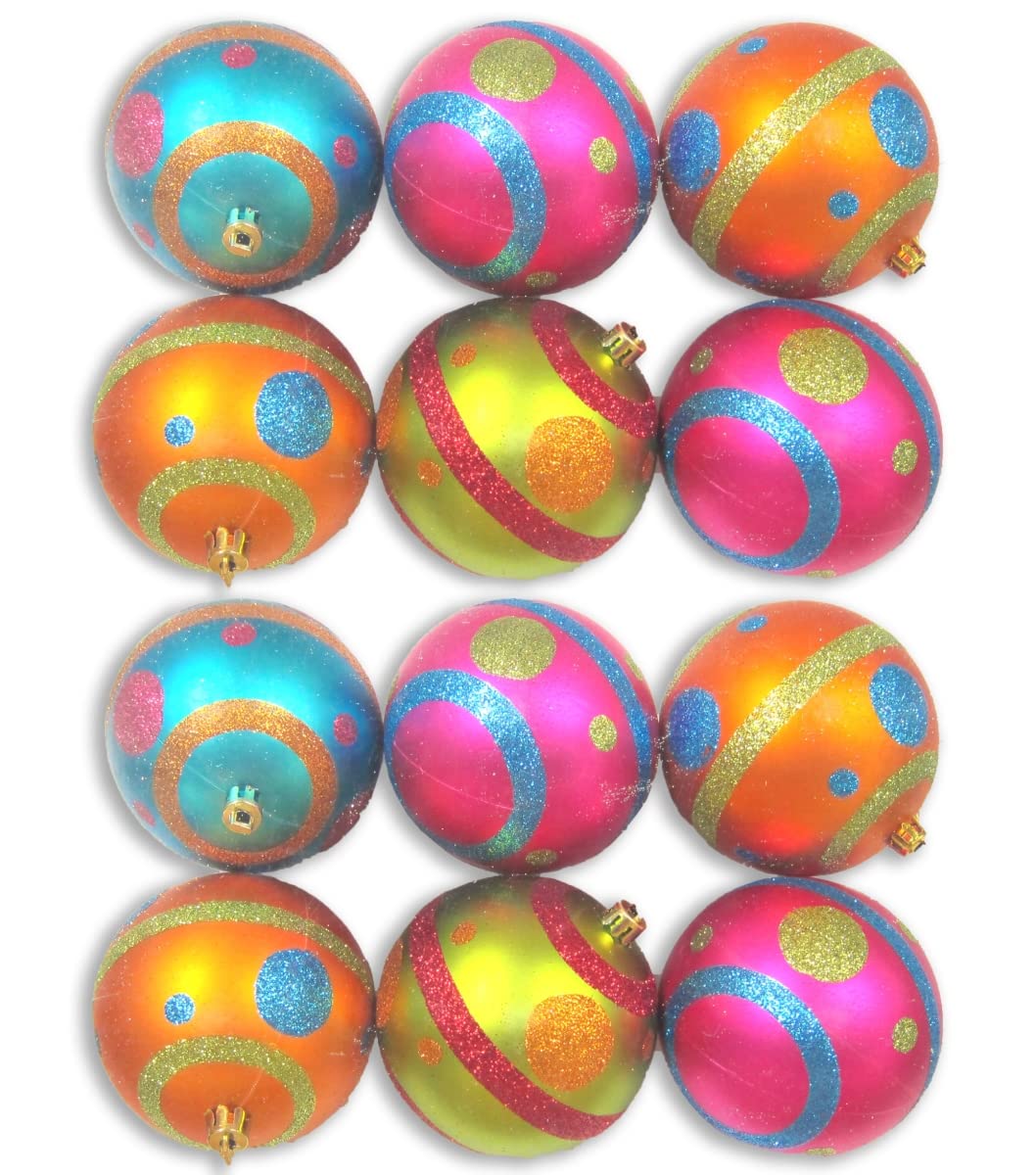 Queens of Christmas WL-ORN-6PK-LD-MDGR 6 Pack Ball Ornament with Mardi Gras Dot and Line Design, Pink/Blue/Orange/Lime Green