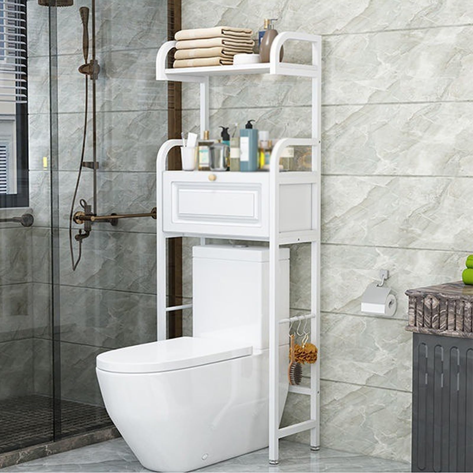 Genérico Estante de baño Blanco con gabinete, Organizador de Almacenamiento de 3 Niveles sobre el Inodoro, Estante de baño Que Ahorra Espacio para la lavandería y la organización del baño.