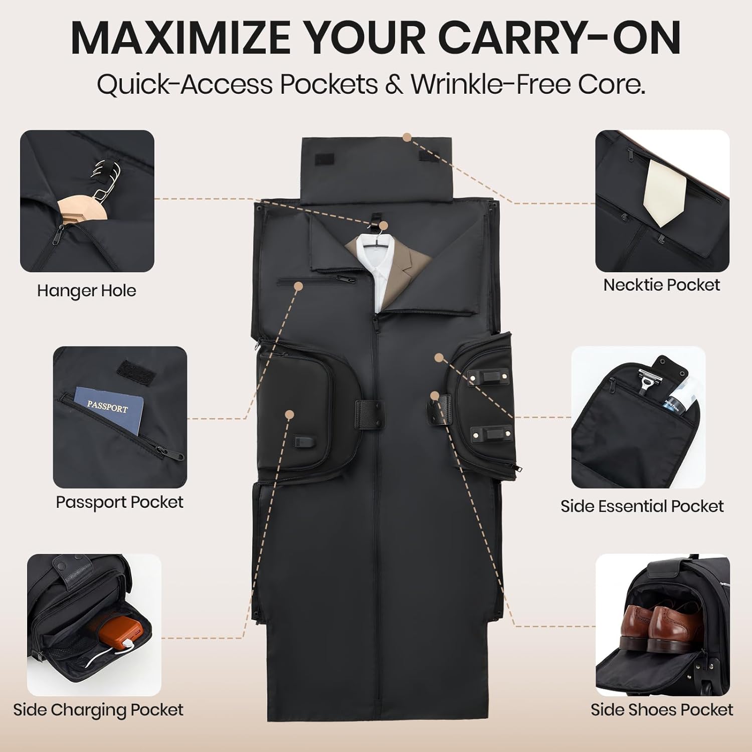 Fanwoli Carry On Rolling Garment Bag With Wheels, TSA Approved Airline Compliant Suit Luggage, Convertible Wrinkle-Free Garment Duffle Bag For Travel, Business & Wedding Suit Carrier Weekender(Black) - Image 6