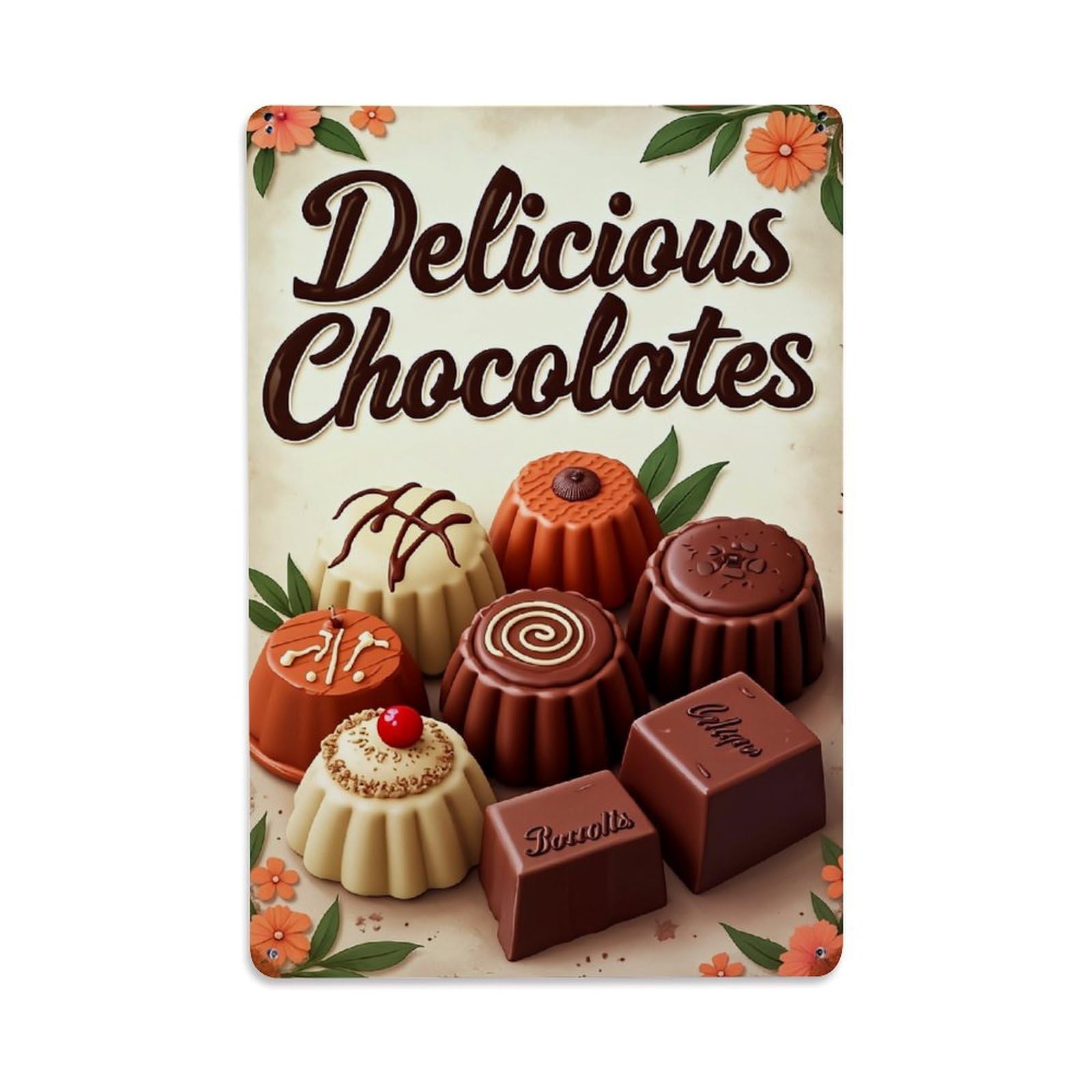 Chocolate Assortment With Floral Accents Retro Metal Tin Sign, Vintage Decor Art Poster for Bar, Home, Man Cave, Kitchen, Laundry Room Gift 8x12Inch