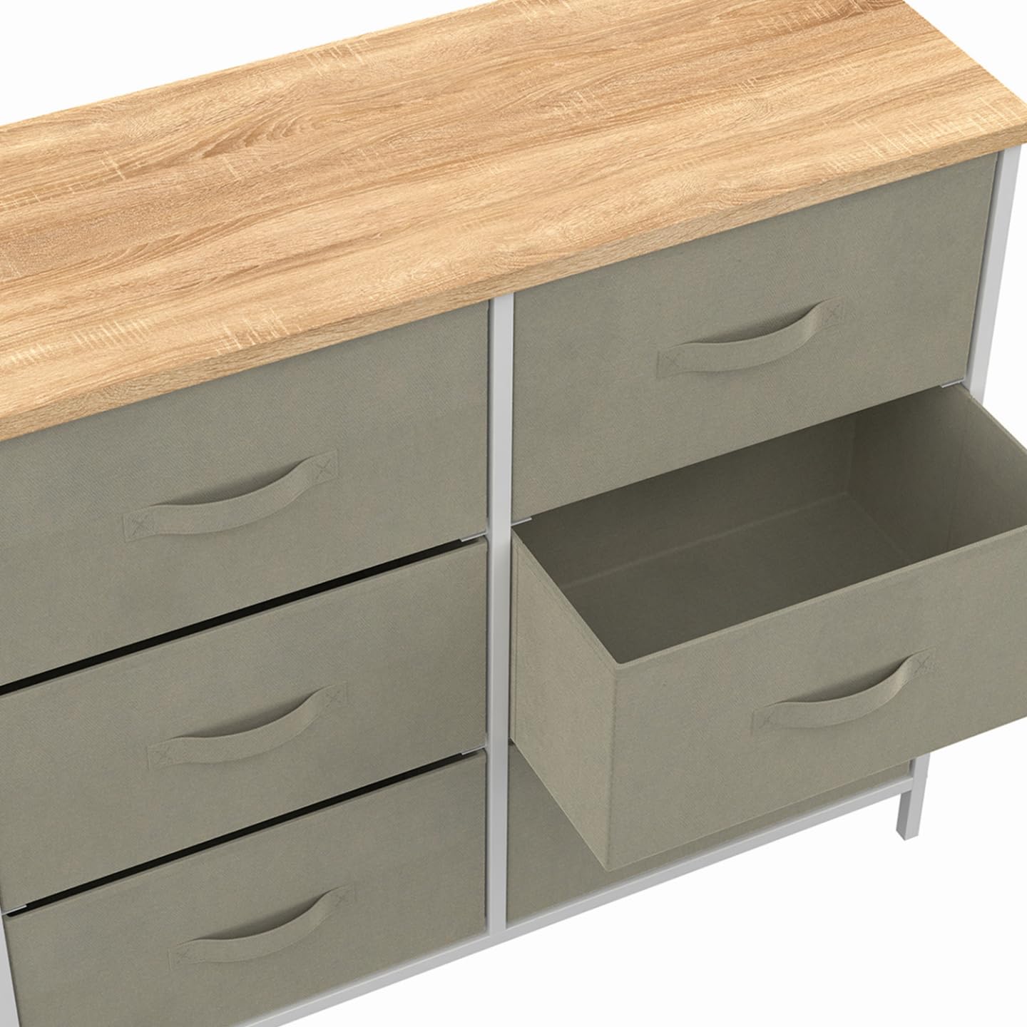 IDMarket - Commode 6 tiroirs en Tissu Alta 80 cm Gris Clair et Plateau Effet Bois Design Industriel