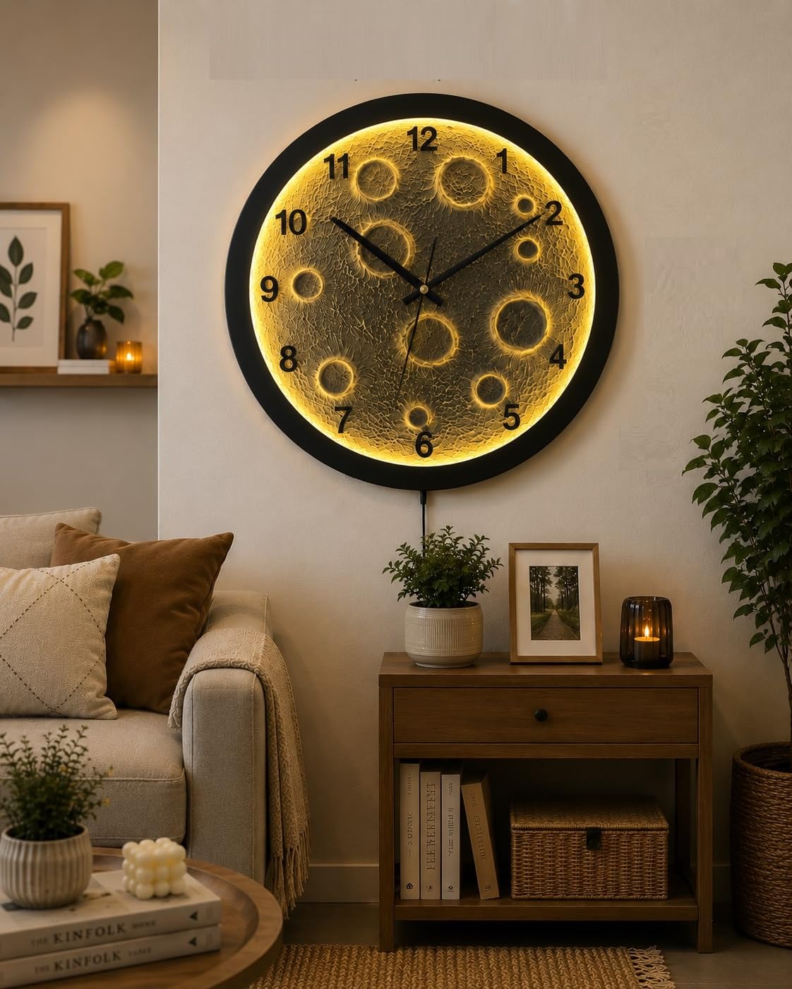 LED Moon Wall Clock, 13 Inch | Warm Backlight, Silent Non-Ticking, Large Decorative, For Living Room, Bedroom, Office, Café, Modern Home Decor-image-7