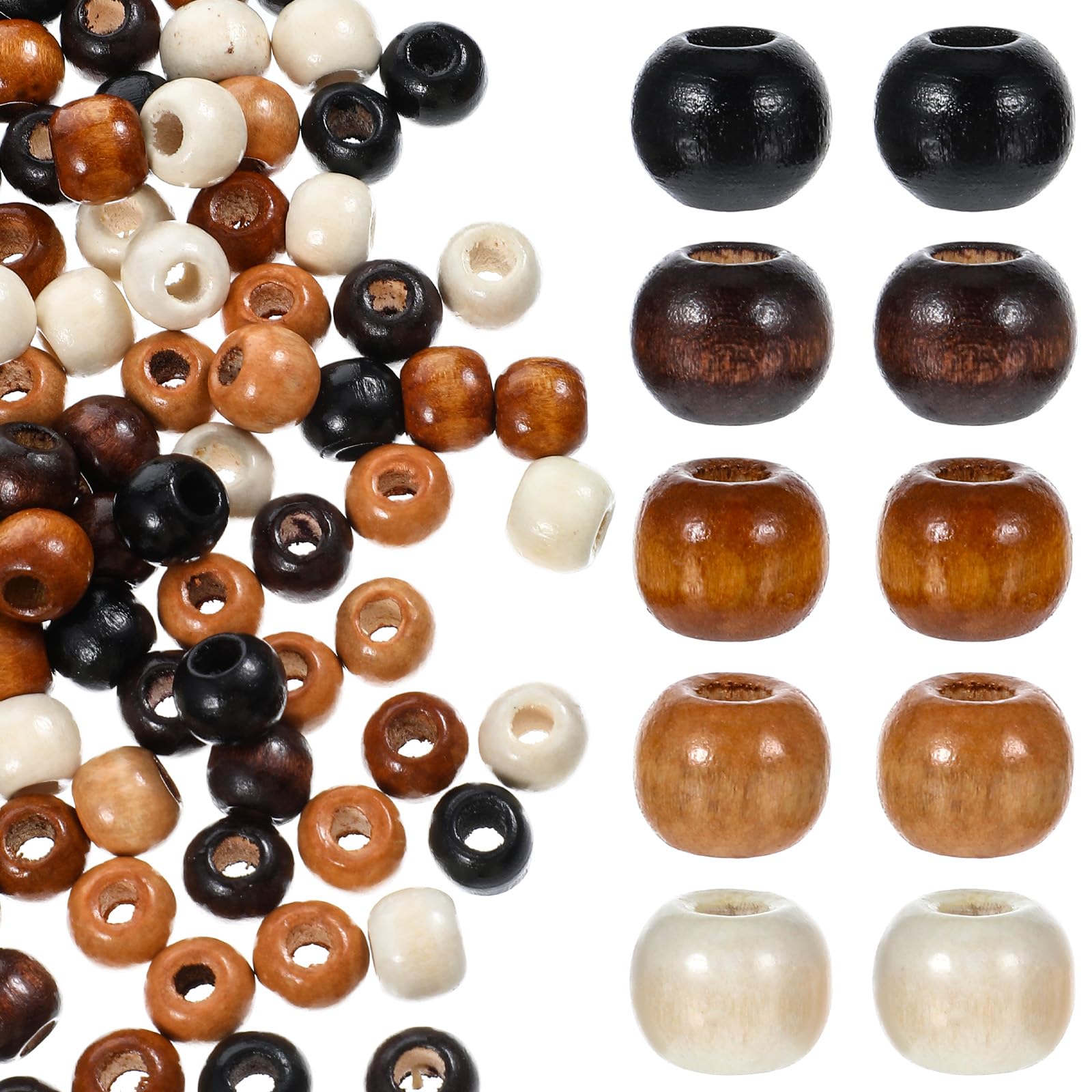 200 Pcs Large Wooden Beads Hole Vintage Round Natural Wood Hair Bead 5 Colors 9×10mm Wooden Loose Spacer Accessories for Macrame Necklace Bracelet Hair Jewelry DIY Handmade Craft Decor