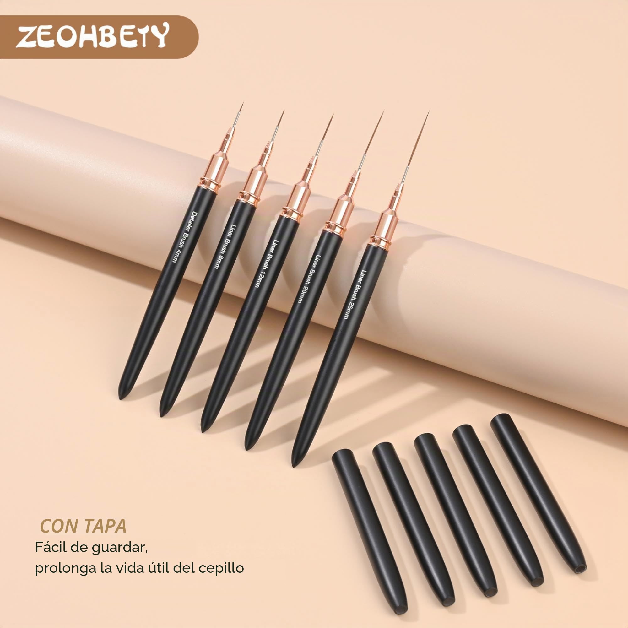 Juego de 5 pinceles para decoración de uñas, juego de pinceles de diseño artístico de pintura, detalles finos, tamaños de dibujo fino 4/8/12/20/25 mm, negro