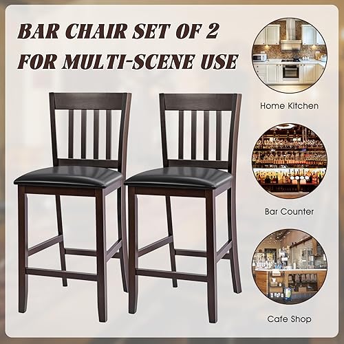 Miniatura 7 de COSTWAY Juego de 2 taburetes de bar de altura de mostrador, sillas de pub de madera de 25 pulgadas con asiento de piel sintética, sillas de isla