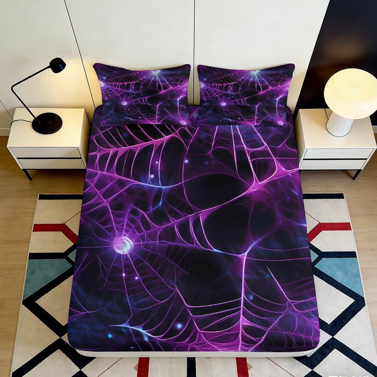 3D Printed Purple Spider Web Fitted Sheet Microfiber Soft Durable Black Webbed Bed Cover for Bedroom Dormitory Guest Room Mattress Protection 180x200x25cm