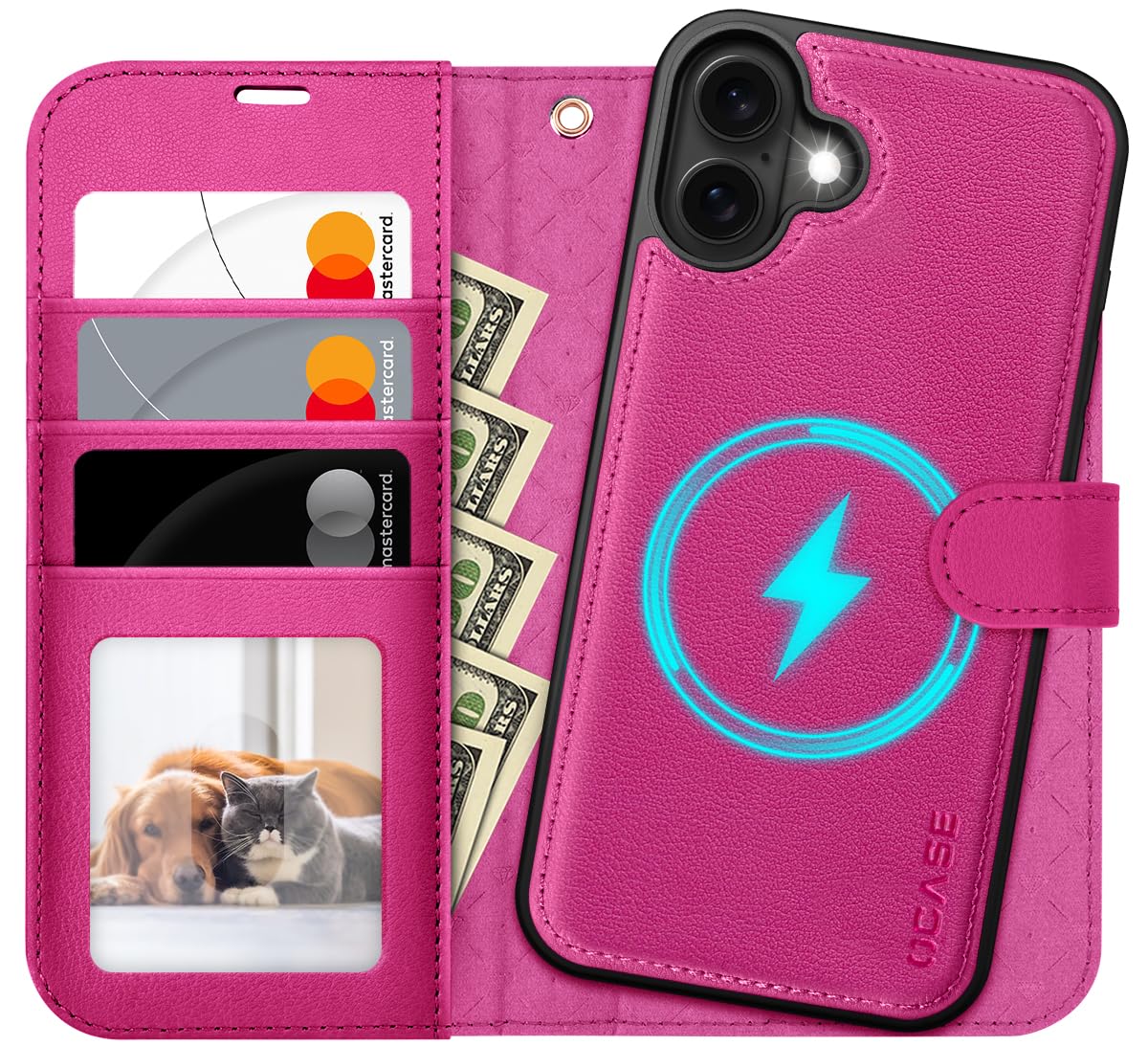 OCASE Custodia iPhone 16, Rosa Rosso, Pelle, Wallet con Slot per Schede, Cavalletto, Antiurto, Antiscivolo, Installazione Semplice, Compatibile con iPhone 16 (6.1 Pollici)