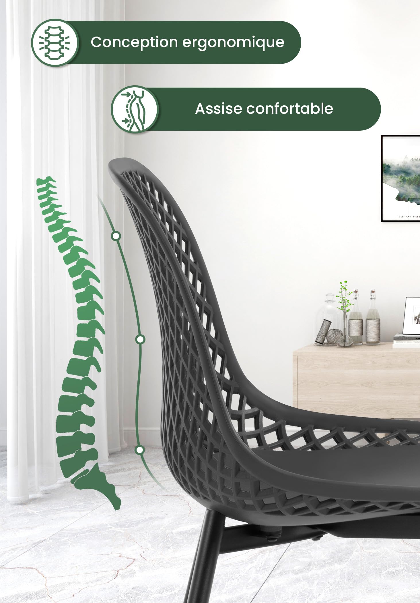 WOLTU Klihome Chaise de Salle à Manger Lot de 4,Noir | Chaise de Cuisine avec Pieds en Métal, Dossier Incurvé avec Design Évidé, Siège en PP